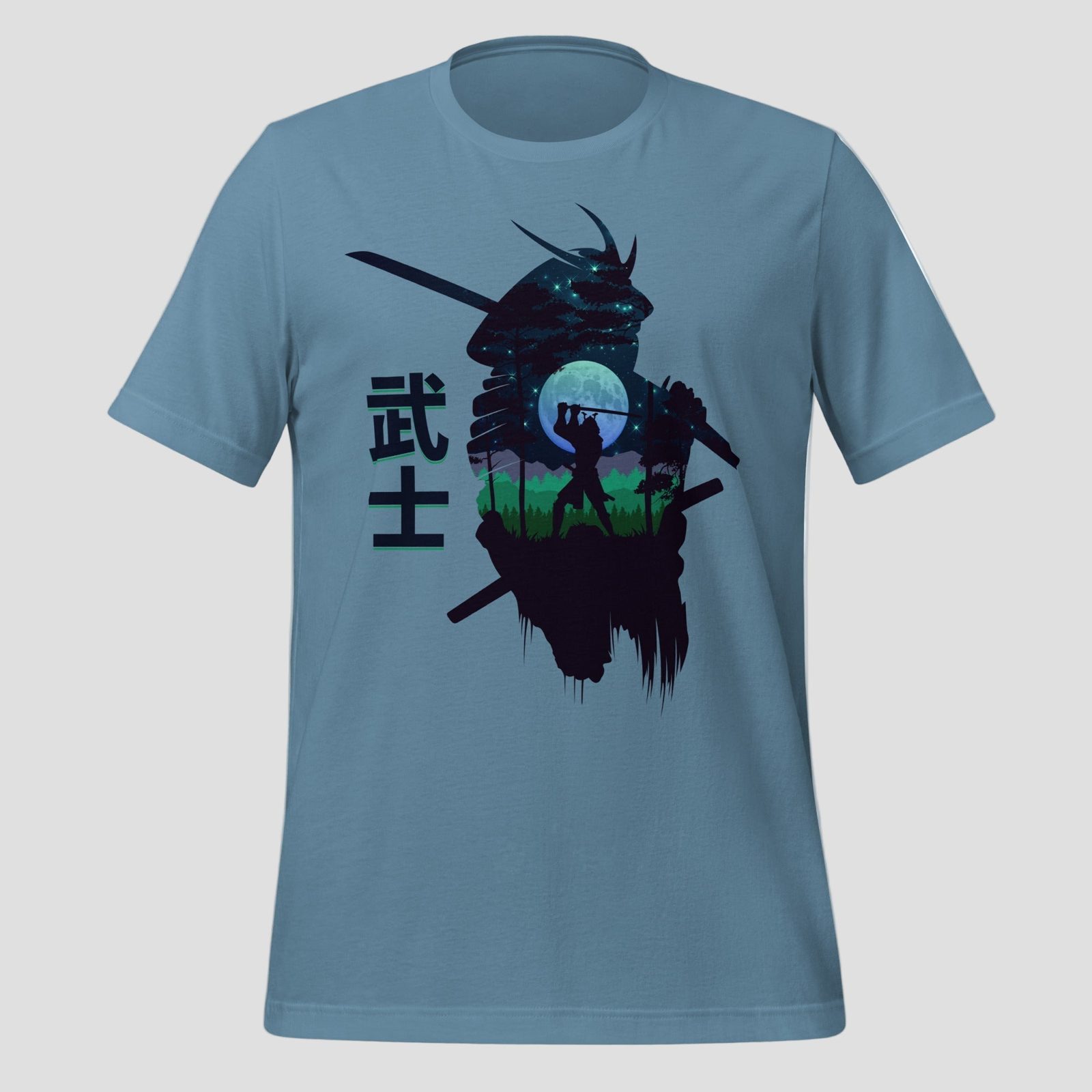 Moonlit Samurai T-Shirt, Steel Blue